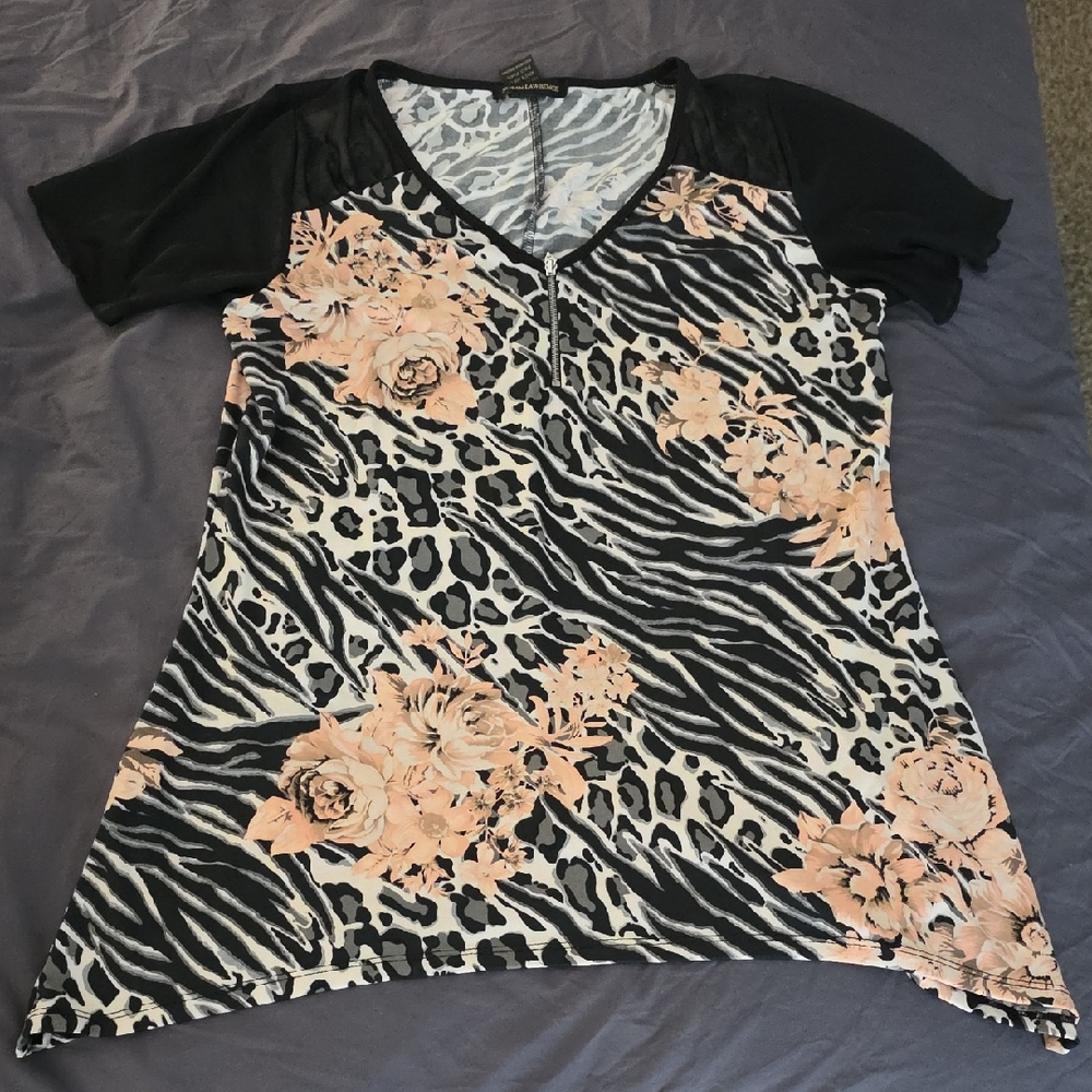 Susan Lawrence Black and Peach Floral Animal Print Top